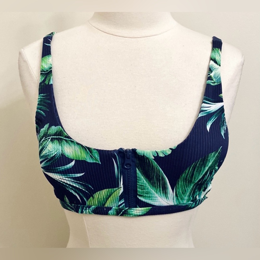 Tinibikini Swimwear Navy Blue Green Tropical
Leaf Print Sporty Bikini Top SZ L